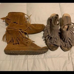 Minnetonka fringe booties and wedge heels